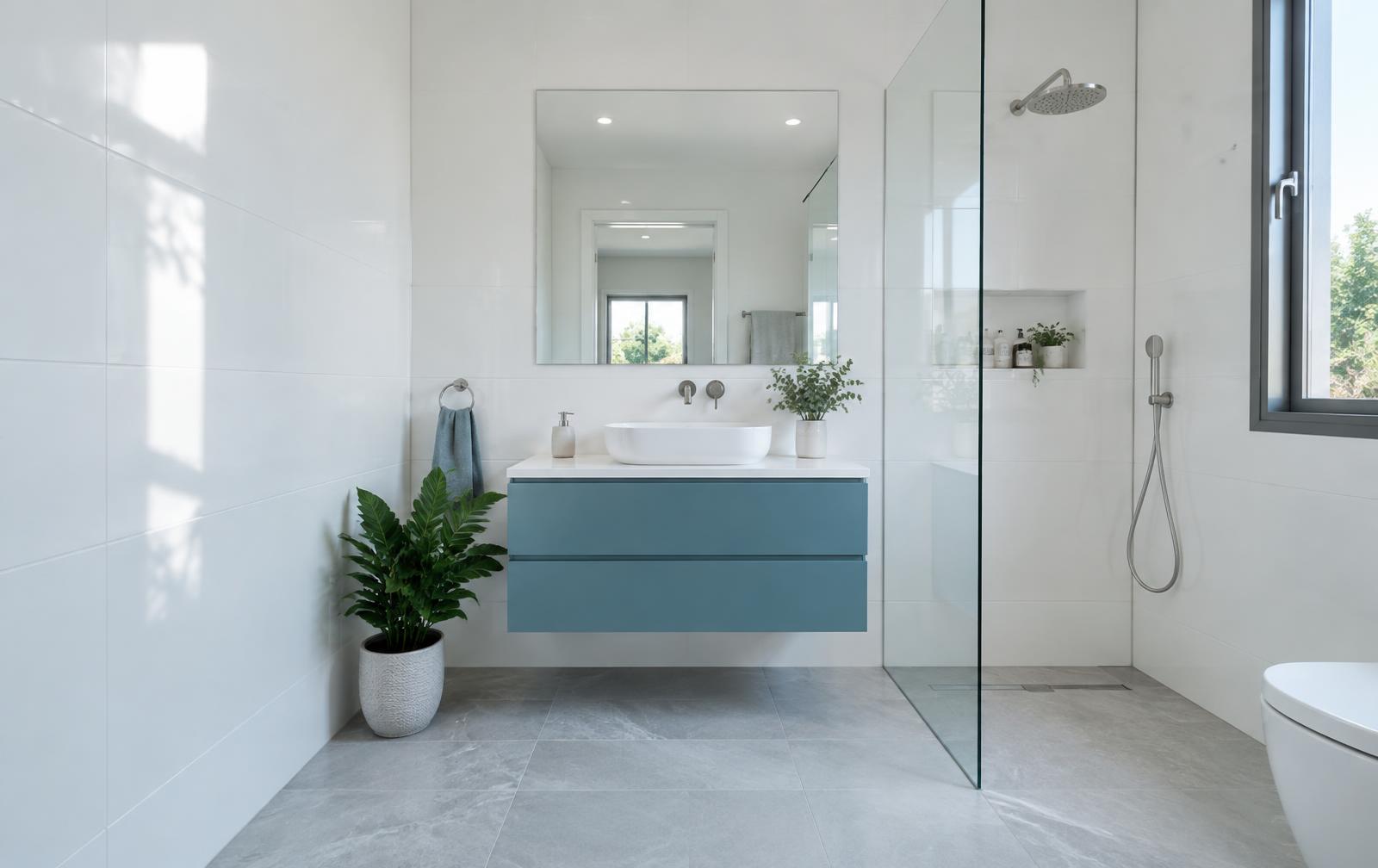 Baño contemporáneo con mueble turquesa, azulejos blancos y ducha de cristal